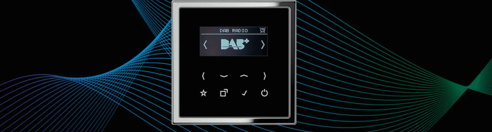 JUNG Smart Radio DAB+ mit Display und Touch-Bedienfeld vor grafischem Wellenhintergrund