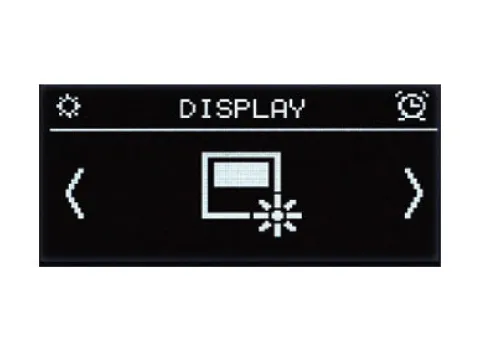 Display eines digitalen Unterputzradios im Einstellungsmenü „Display“ mit Symbol für die Bildschirmhelligkeit und Pfeiltasten zur Navigation.