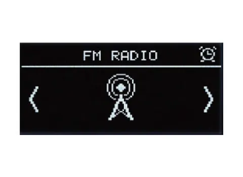 Display eines digitalen Unterputzradios im FM-Radio-Modus mit Antennensymbol sowie Pfeiltasten zur Senderauswahl.