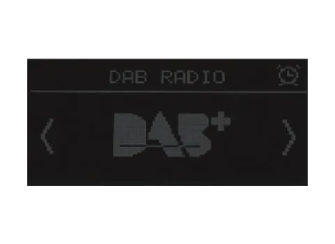 Display eines digitalen Unterputzradios im DAB-Radio-Modus mit DAB+-Symbol und Pfeiltasten zur Navigation.