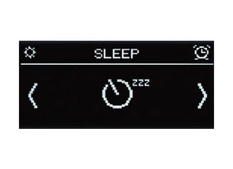 Display eines digitalen Unterputzradios im „Sleep“-Modus mit Schlaf-Timer-Symbol und Pfeiltasten zur Navigation.