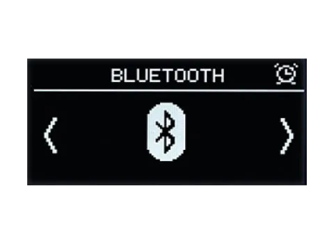 Display eines digitalen Unterputzradios im Bluetooth-Modus mit zentralem Bluetooth-Symbol und Pfeiltasten zur Navigation.